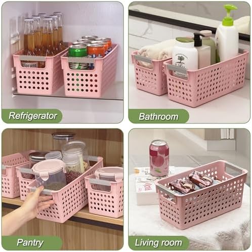 Soddeph 4 Pack Slim Plastic Storage Basket with Handles, Rectangular Storage Bins for Shelves,Narrow Organizer box for Organizing, Kitchen,Home,Office(Pink, Small)