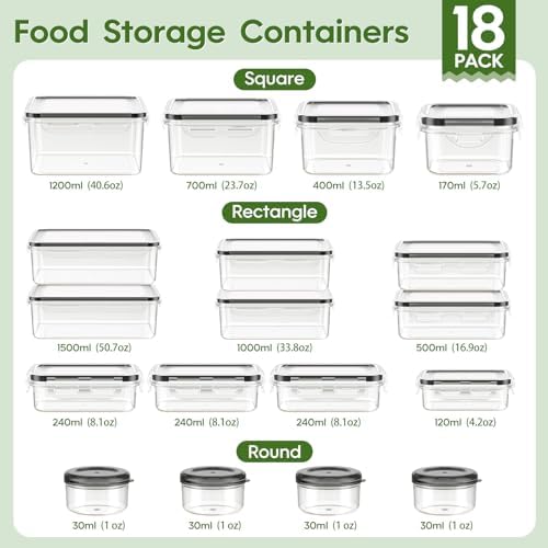 KEMETHY 36-Piece Food Storage Containers with Lids(18 Container & 18 Lid), Plastic Food Containers for Pantry & Kitchen Storage and Organization, BPA-Free, Leak Proof, Reusable with Labels & Pen