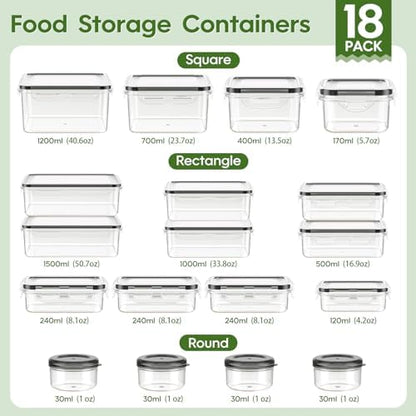 KEMETHY 36-Piece Food Storage Containers with Lids(18 Container & 18 Lid), Plastic Food Containers for Pantry & Kitchen Storage and Organization, BPA-Free, Leak Proof, Reusable with Labels & Pen