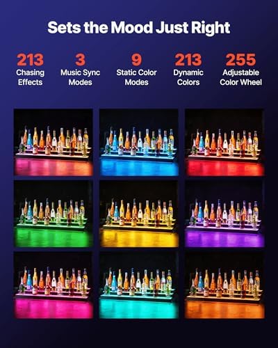 VEVOR LED Lighted Liquor Bottle Display, 3 Tiers 48 inches, Acrylic Illuminated Home Bar Shelf Display with RF Remote & App Control, DIY Setup with Type-C Cables, 9 Static Colors, for 36-48 Bottles
