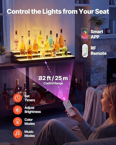 VEVOR LED Lighted Liquor Bottle Display, 3 Tiers 40 Inches, Supports USB, Illuminated Home Bar Shelf with RF Remote & App Control 7 Static Colors 1-4 H Timing, Acrylic Lighted Shelf for 30 Bottles