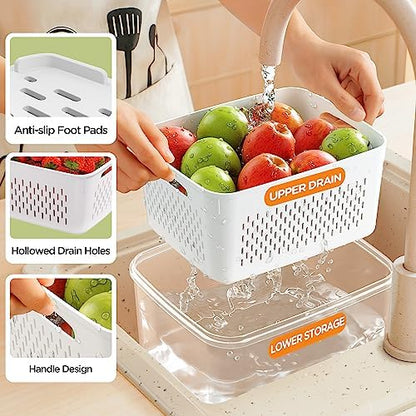 6 PCS Fruit Storage Containers for Fridge with Removable Colanders, 6 Plastic Food Storage Containers with 6 Lids, Leakproof Produce Containers Keep Fruits, Vegetables, Berry, Meat Fresh Longer