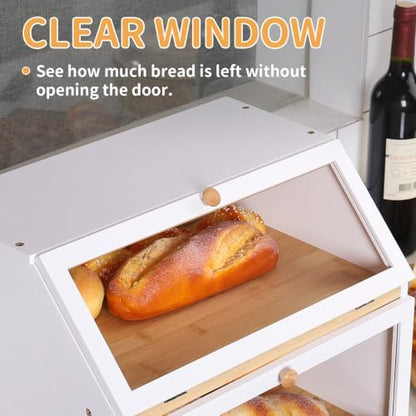 HOMEKOKO Double Layer Wood Bread Box for Kitchen Counter,Keep Fresh, White