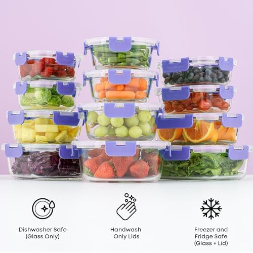 JoyJolt 24pc Borosilicate Glass Storage Containers with Lids | 12 Airtight/Freezer Safe Food Storage Containers for Pantry and Kitchen | Meal Prep Container for Lunch | Glass Tupperware Set