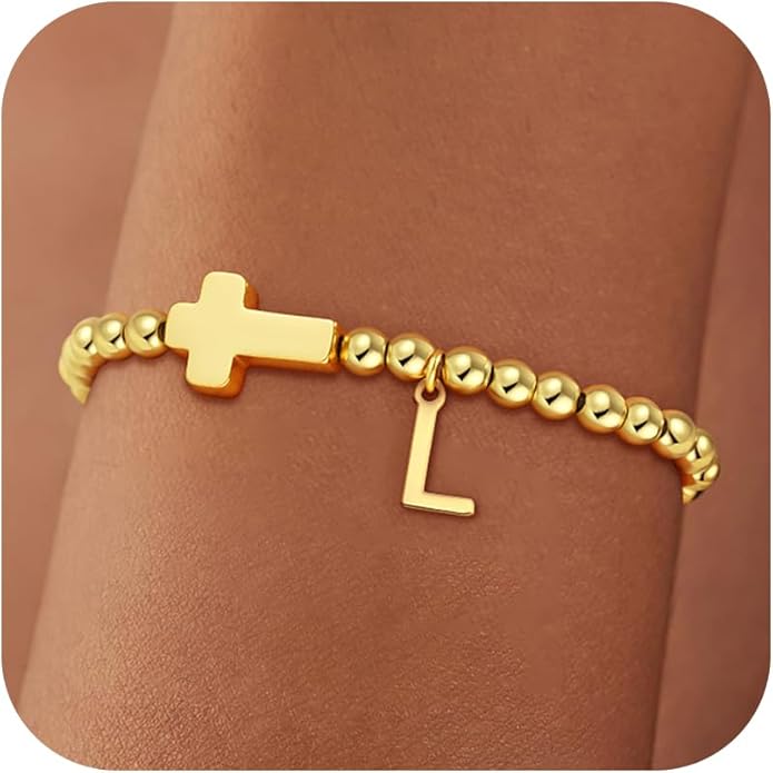 Gold Initial Bracelets for Women Girls - 18K Gold Plated Cross Initial Bracelet Dainty Beaded Bracelet Gold Bracelets for Women Teen Girl Gifts
