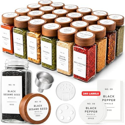 EDELHAUS Glass Spice Jars with Label, 24x Acacia Wooden Lids - White Labels