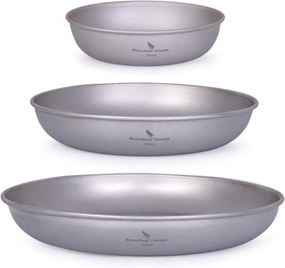 iBasingo 3 Pieces Titanium Plates Set Camping Metal Durable Cooking Pan Dishes Plates Saucer Ultra-light for Outdoor Camping Tableware Cookware Mess Kit with Carry Mesh Bag Ti1104T
