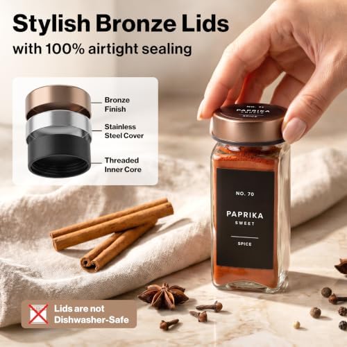 EDELHAUS Glass Spice Jars with Label, 24x Champagne Bronze Steel Lids