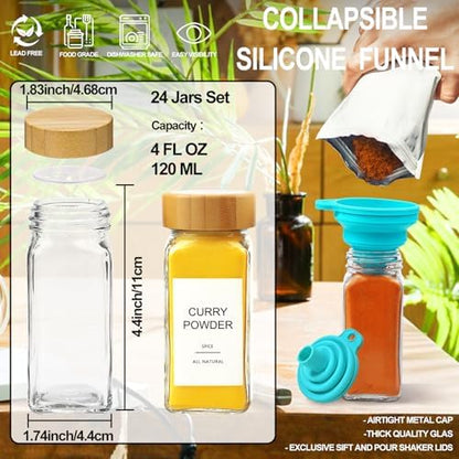 AISIPRIN Glass Spice Jars with 398 Labels, 24 pcs 4oz Spice Containers with Bamboo Lids, Square Spice Bottles With Shaker Lids,Spice Organization for Cabinet,Drawer,Rack,Seasoning Organizer