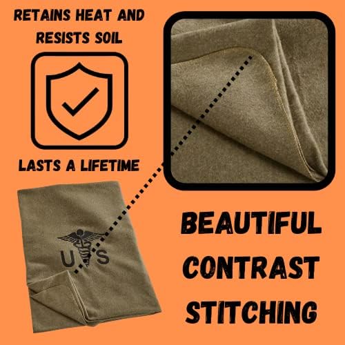 M MCGUIRE GEAR Military Style Wool Camping, Survival, and First Aid Blanket, 64" x 90", Embroidered Caduceus Logo, Olive Drab