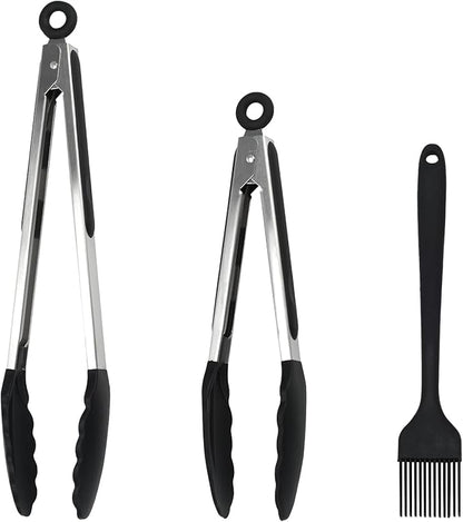 Kitchen Tongs, 2pcs Barbecue Tongs 10 inch & 12 inch with Silicone Tips, 1pc Brush Stainless Steel Cooking Tongs with Heat Resistant Handle for BBQ Serving, Grilling, Buffet, Dishwasher Safe (Black)