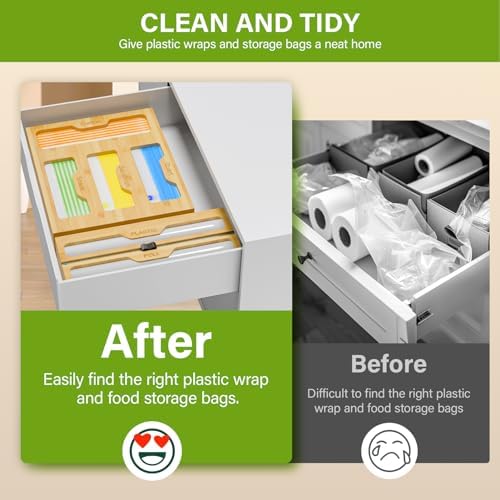 KOCWELL Bamboo Bag Storage Organizer - 2 Wrap Dispenser with Cutter & 4 Slots Food Storage Bags Container - Kitchen Drawer Plastic Bags Storage Organization for Gallon Quart Sandwich Snack Bags