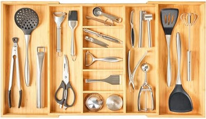 Umilife Extra Large Expandable Kitchen Drawer Organizer for Utensil and Junk, 19" Deep for Big Drawer, 19" to 33" Adjustable Bamboo Wood Drawer Divider, Cutlery Tray, Flatware Holder