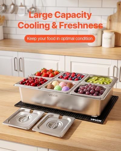 VEVOR Countertop Food Serving Display Container, Stainless Steel Food Salad Server Tray, Buffet Condiment Dispenser, Ice Cooled Rack with Separate Lid, for Restaurant, Hotel, Party (6x1/6 Pan)