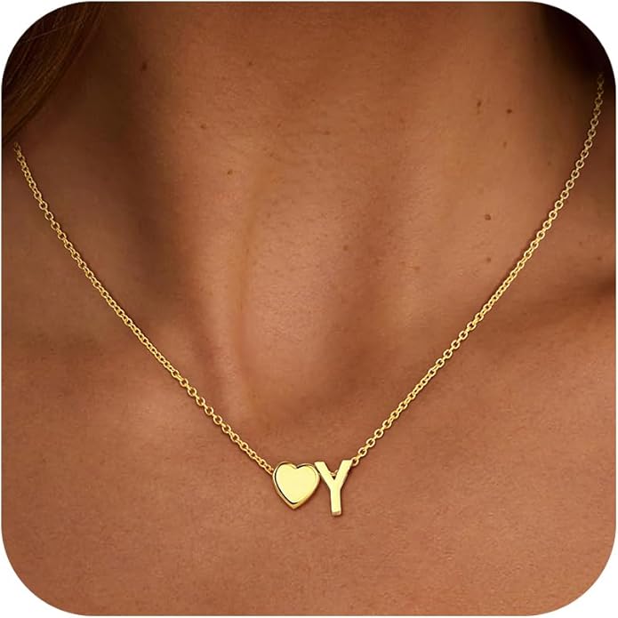 Gold Initial Necklaces for Women Girls - 18K Gold Plated Heart Initial Pendant Necklace Dainty Heart Necklace Tiny Gold Letter Necklace for Women Girls Jewelry Gifts