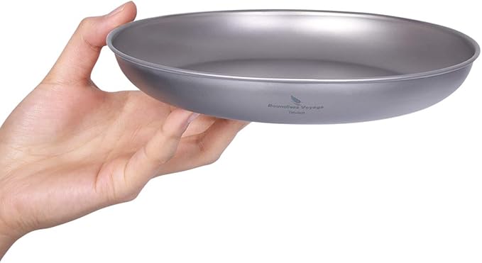 iBasingo Titanium Plate 18.5cm Ultralight Camping Dinner Plate, Reusable Metal Dish for Steak, Dessert Portable Round Tray with Mesh Bag for Backpacking, Hiking, Picnic Ti1103T
