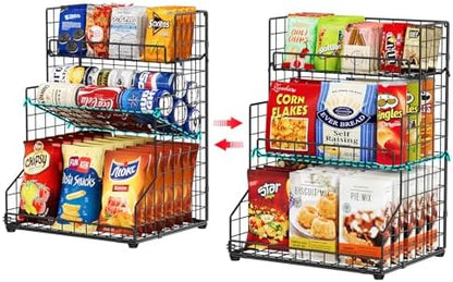 X-cosrack 3-Tier Snack Organizer Rack Bins with Adjustable Tilting Design for Pantry Storage,Metal Wire Snack Holder for Kitchen Bathroom Cabinets Countertops