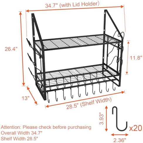 VyGrow 28 Inch Pot Rack Wall Mounted, 2 Tier Pots and Pans Organizer with 20 Hooks and 6 Pot Lid Holders, Heavy Duty Steel Pot and Pan Hanger for Kitchen Cookware Utensils Storage 34.7" Lx13 Wx26.4 H
