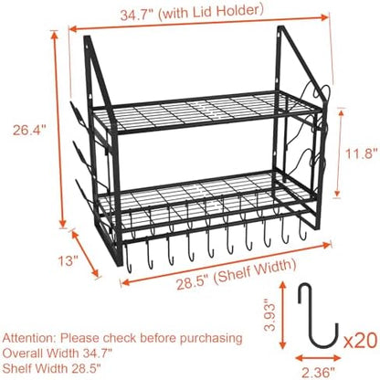 VyGrow 28 Inch Pot Rack Wall Mounted, 2 Tier Pots and Pans Organizer with 20 Hooks and 6 Pot Lid Holders, Heavy Duty Steel Pot and Pan Hanger for Kitchen Cookware Utensils Storage 34.7" Lx13 Wx26.4 H