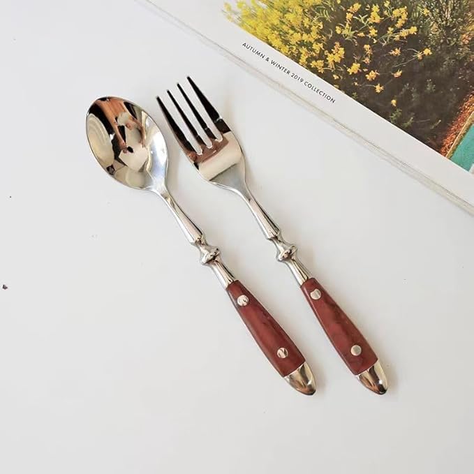 Silverware Set For 8 with Two Rivets, Vintage 40-Piece Everyday Flatware Set with Wood Grain Bakelite Handle, Stainless Steel Cutlery Set, Dishwasher Safe, Knives Spoons and Forks Set