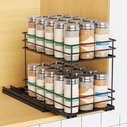 Mystozer Pull Out Spice Rack Organizer for Cabinet, Slide Out Spice Racks, Easy to Install Spice Cabinet Organizers, 6.49" Wx10.43 Dx8.66 H, 1 Drawer 2 Tiers(Black)