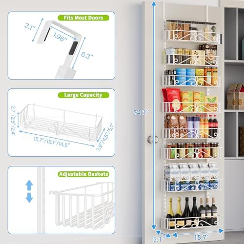 8-Tier Over Door Pantry Organizer, Adjustable Metal Hanging Storage Rack for Kitchen Pantry, White