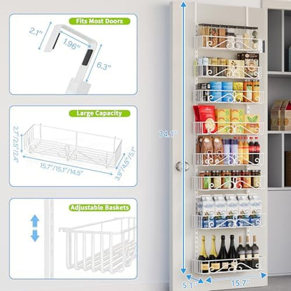 8-Tier Over Door Pantry Organizer, Adjustable Metal Hanging Storage Rack for Kitchen Pantry, White