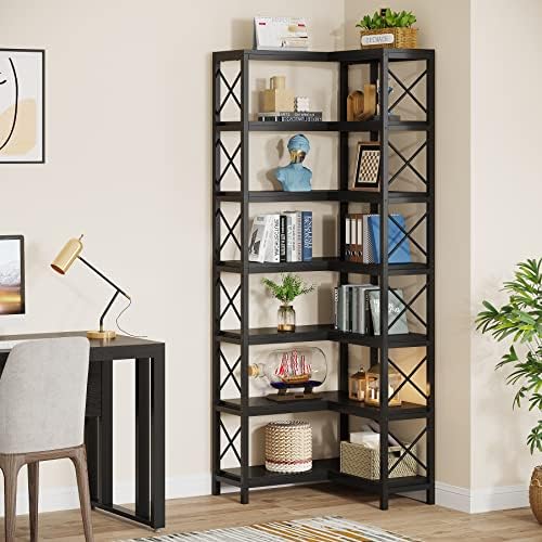Tribesigns 7-Shelf Corner Bookshelf,Large Modern Corner Bookcase, 7-Tier Tall Corner Shelf Storage Display Rack with Metal Frame for Living Room Home Office (Black)