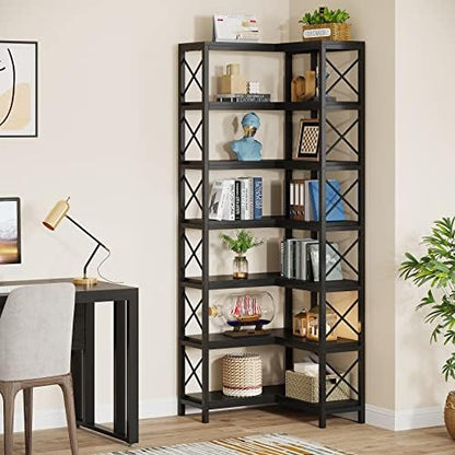 Tribesigns 7-Shelf Corner Bookshelf,Large Modern Corner Bookcase, 7-Tier Tall Corner Shelf Storage Display Rack with Metal Frame for Living Room Home Office (Black)