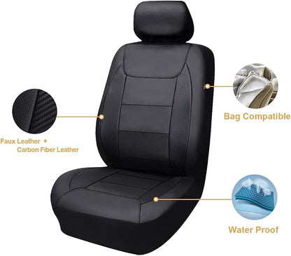 Flying Banner car seat Covers Protects Water Proof Faux Leather Carbon Fiber Front and Rear Bench (Black Black, Full Set - 9PCS)