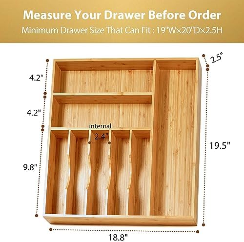 Umilife Large Kitchen Drawer Organizer, 19"x20" Silverware Utensils Organizer, 2.5" High for Large Deep Drawers, Bamboo Flatware Holder with Thick Frames, Sturdy Kitchen Organization Tray