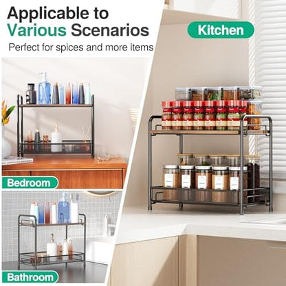 Spice Rack Organizer for Countertop with Wood Top, 2-Tier Foldable Metal Rust-Proof Standing Large Seasoning Storage Shelf with Guardrail & Mesh Design for Kitchen Cabinet Living Room, Black