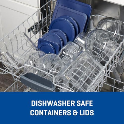 Anchor Hocking 16 Piece Glass Storage Containers with Lids (8 Glass Food Storage Containers & 8 Navy Blue SnugFit Lids)