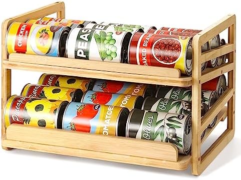 Yumkfoi Rolling Bamboo Can Organizer Rack, Stackable Can Storage
