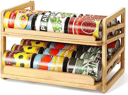 Yumkfoi Rolling Bamboo Can Organizer Rack, Stackable Can Storage