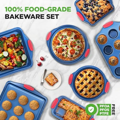 NutriChef 10-Piece Nonstick Bakeware Set - Deluxe Carbon Steel with Blue Silicone Coating, Red Handles, Professional Grade Kitchen Essentials, Ideal for Baking Cakes, Cookies, and More (Blue)