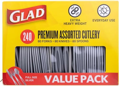 Glad Silver Disposable Cutlery Set, Heavy Duty Plastic, 240 Count