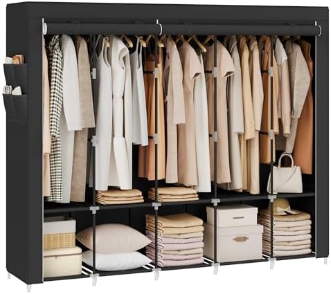 SONGMICS Portable Closet with Cover, 5 Hanging Rods and Shelves