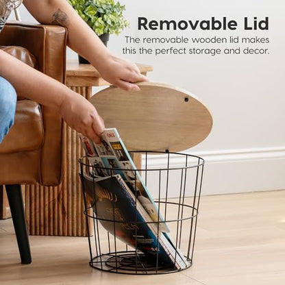 IRIS USA Round Wire Basket with Wooden Lid, 2 Pack