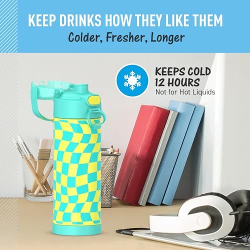 THERMOS FUNTAINER Water Bottle with Spout, 16oz, Wavy Checkers Teal (Pack of 6)