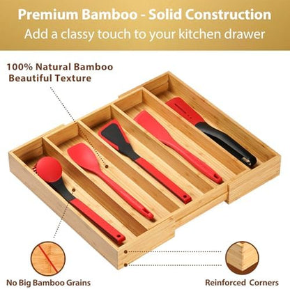 Umilife Expandable Kitchen Drawer Organizer, 2.5" High Bamboo Utensils Silverware Tray, Adjustable Large Deep Wood Organization Holder