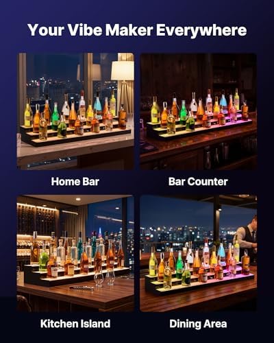 VEVOR LED Lighted Liquor Bottle Display, 3 Tiers 48 inches, Acrylic Illuminated Home Bar Shelf Display with RF Remote & App Control, DIY Setup with Type-C Cables, 9 Static Colors, for 36-48 Bottles
