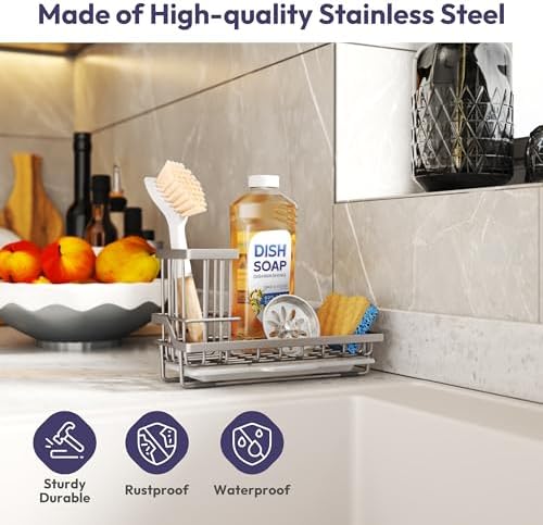 SWTYMIKI Sink Caddy Sponge Holder - Kitchen Sink Organizer with High Brush Holder for Countertop to Hold Dish Soaps and Sponges, Stainless Steel, Sand Nickel