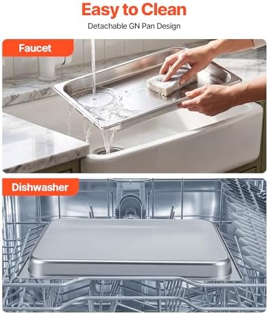 VEVOR Countertop Food Serving Display Container, 2 Tier Stainless Steel Food Salad Server Tray, Buffet Condiment Dispenser, Ice Cooled Rack with Clear Roll Top Cover, for Restaurant Hotel (1/1 Pan x2)
