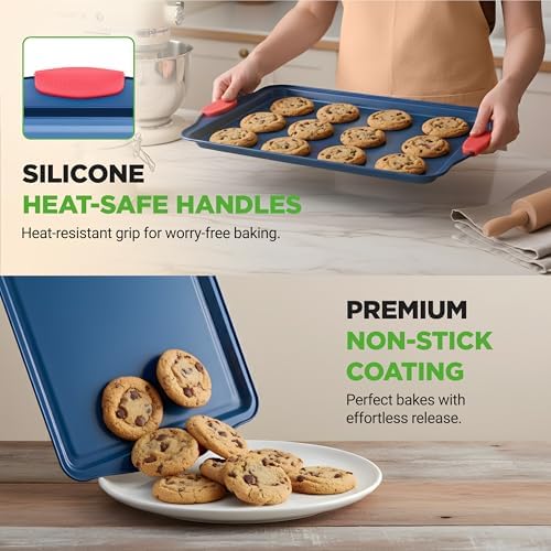 NutriChef Nonstick 3-Piece Baking Pans Set – Carbon Steel Bakeware with Blue Coating Inside & Outside and Red Silicone Handles, Durable and Reliable, Effortless Baking and Easy Cleanup (Blue)