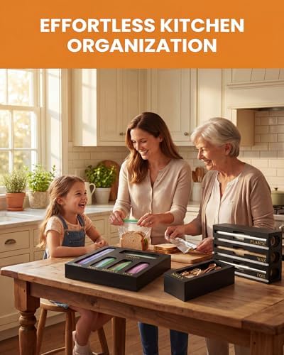 9 IN 1 Bamboo Foil and Plastic Wrap Organizer for Kitchen Drawer, Plastic Bag Organizer Organization and Storage, Food Storage Bag Organizer (BLACK)