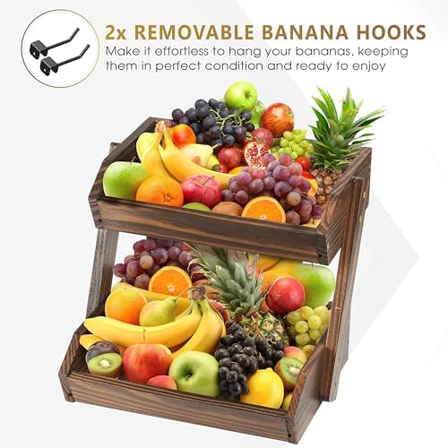 Large Capacity 2-Tier Wooden Fruit Basket, Durable Acacia Wood, 10.5" Tall, Spacious for Produce, Vegetables, Bread Storage and Home Kitchen Countertop