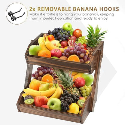 Large Capacity 2-Tier Wooden Fruit Basket, Durable Acacia Wood, 10.5" Tall, Spacious for Produce, Vegetables, Bread Storage and Home Kitchen Countertop