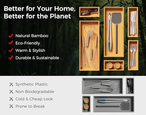 Bamboo Kitchen Drawer Organizer Boxes 14" x 5" Stackable Pantry Organizers