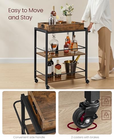 VASAGLE Bar Cart with Wheels, Drink Cart with Wine Rack and Glass Holder